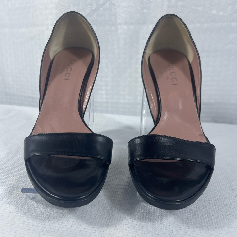 7179: Gucci Black Leather Open Toe D’Orsay Pumps Size 36.5C Made in Italy